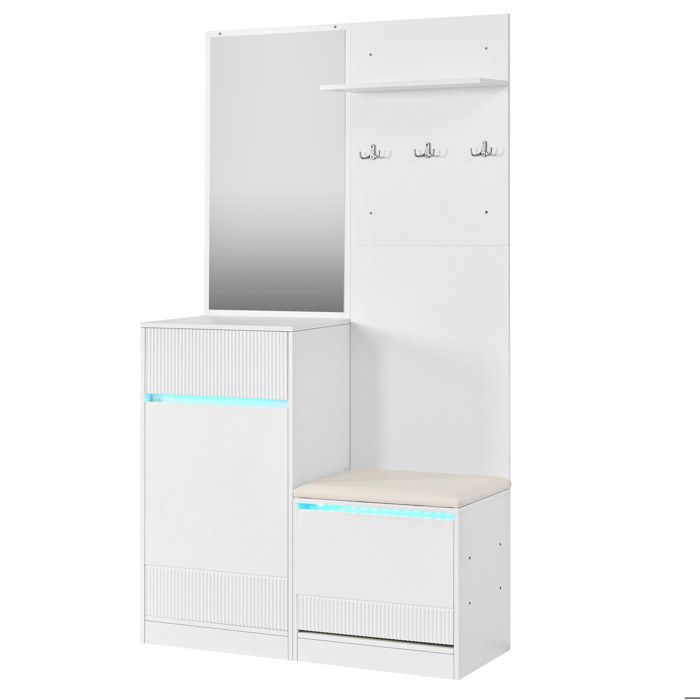 Meuble d’entrée blanc avec miroir, banc, range-chaussures et LED ...