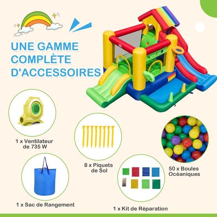 COSTWAY – Château Gonflable Avec Toboggan Et Piscine à Balles – Souffleur 680 W, Tissu Oxford, Charge 135 Kg – 3-10 Ans