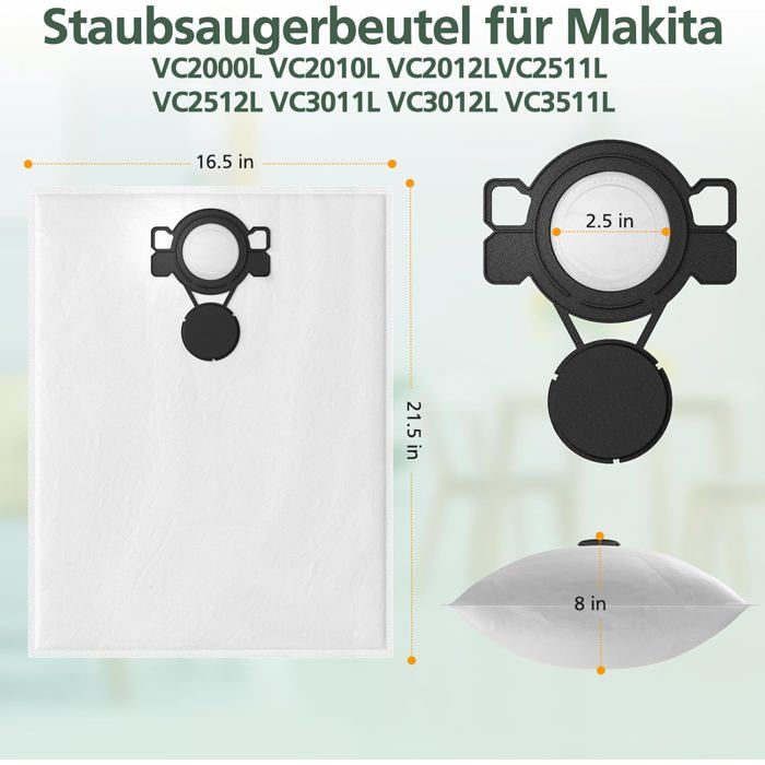 BUCOMTU 16 sacs pour aspirateur, compatibles avec les modèles pour MAKITA VC2512L, VC3012L, VC2000L, VC2010L, VC2012L et autres. Haute efficacité de filtration, étanches, coutures renforcées