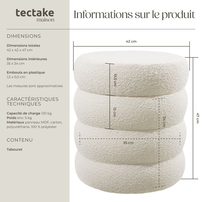 Pouf Salon Tabouret Panier à Linge TecTake - Blanc | Rangement