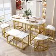Ensemble table à manger avec 6 chaises, ensemble de salle à manger avec siège en MDF blanc et cadre en fer doré, désign élégant-0