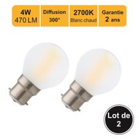 Lot de 2 ampoules LED filament B22 4W 470Lm 2700K - Garantie 2 ans