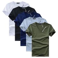 Lot de 5 T-shirt Homme Manches Courtes Col V Été Casual Tee Shirt Top Coupe Droite Respirant - Blanc/noir/bleu/gris/vert