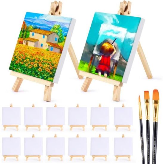 Set De 12 Mini Chevalets En Bois Avec Toiles 10x10 Cm - Idéal Peinture, Dessin, Déco Créative - Parfait Pour Débutants
