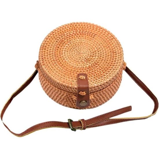 Sac En Rotin Tressé à Main Ulisty Pour Femme - Cercle, Doublure Kaki, Sac Bandoulière été