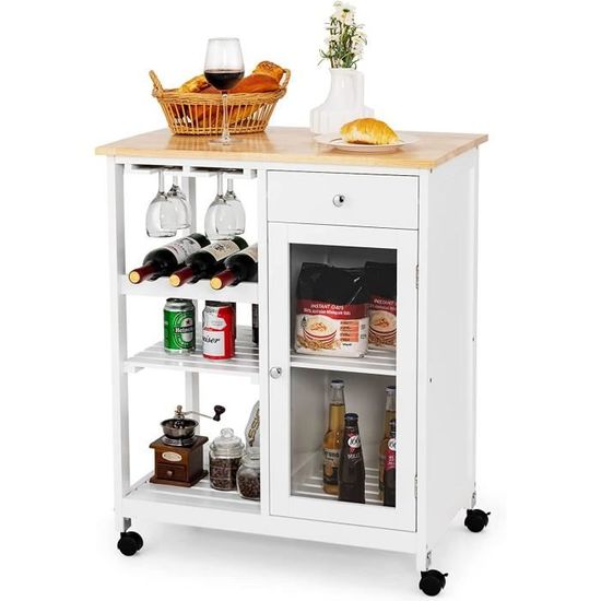Chariot De Cuisine GOPLUS Avec Comptoir En Bois - Rangement Mobile Avec Tiroir Et Portes