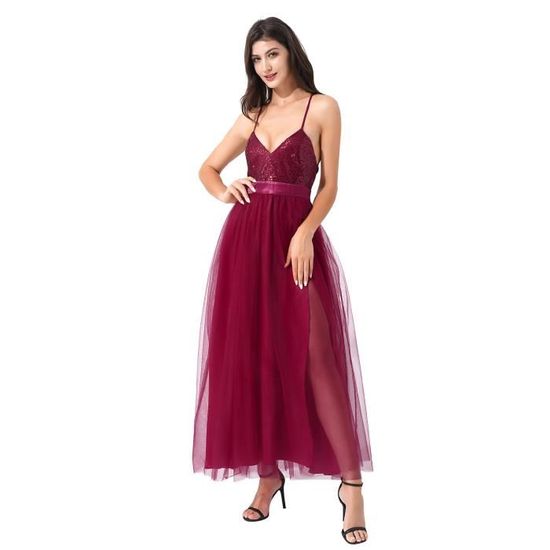 IEFIEL Robe de Soiree Femme Sans Manches Robe Longue Sequins Col en V Elegant Robe Demoiselle d Honneur Anniversaire S XXL Burgundy Cdiscount Pret a Porter