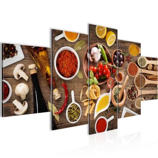 Tableau Déco Cuisine épices - Toile Non Tissée 110g/m² - Impression Allemande Haute Qualité - Prêt à Accrocher Sans Cadre - Motif Gastronomique Coloré