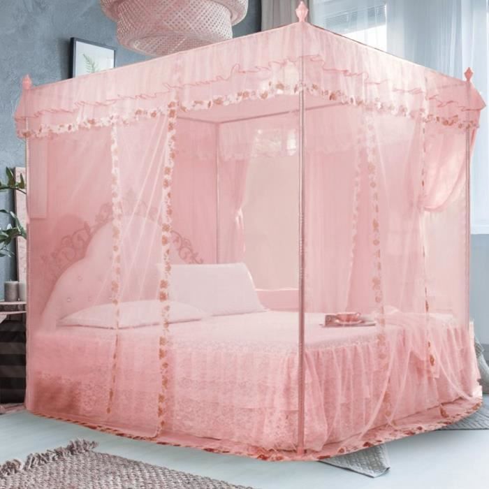 Princesse de luxe 3 ouvertures sur le c?té Rideau de lit à baldaquin Filet Moustiquaire Literie (Rose S)