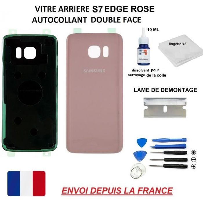 vitre arrière SAMSUNG GALAXY S7 EDGE ROSE, qualité origine, coque cache batterie, double face Adhésifs, kit outils, lame rasoir de d