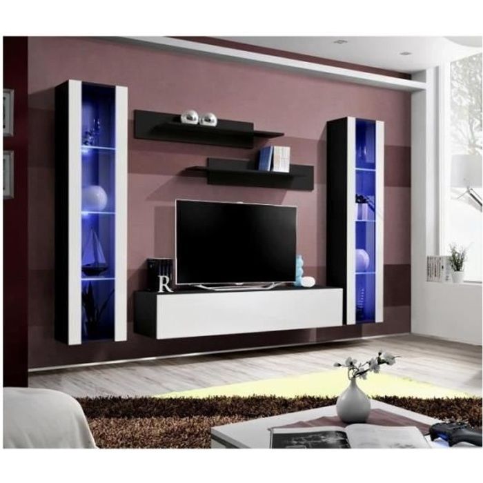 Meuble TV FLY A2 design, coloris noir et blanc brillant + LED. Meuble suspendu moderne et tendance pour votre salon.
