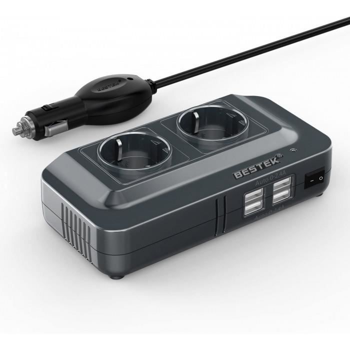convertisseur 12v 220v 230v 200w prise allume cigare transformateur de tension, 4 ports usb et 2 prises eu, chargeur voiture camping