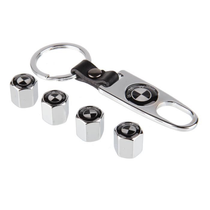 4 x Bouchon de valves de pneu roue et Porte clés ( Chrome) Argent -BMW noir blanc logo