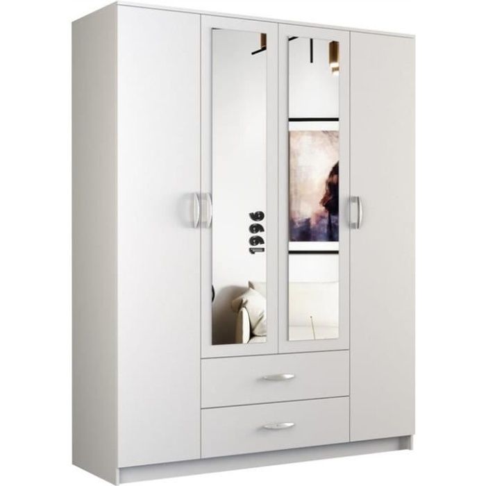 ROMA - Grande Armoire chambre bureau - Penderie multifonctions - 2 portes - 2 Miroirs - 2 tiroirs - Meuble de rangement - Etagères