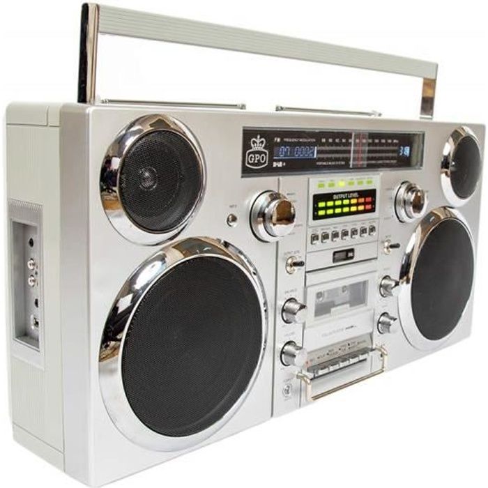GPO BROOKLYN Boombox 80s avec Bluetooth, CD, cassette, USB et radio DAB +, argent