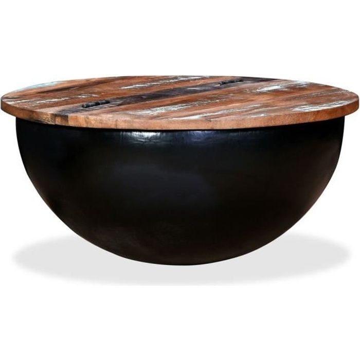 Homgeek Table Basse de Salon - Table Basse Relevable - Table Basse Industrielle Bois de Récupération Massif Forme de Bol Noir