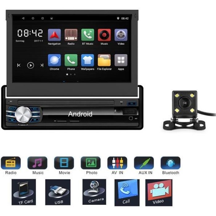 Autoradio GPS Navi Bluetooth Stéréo Multimédia 1 Din - 7- Écran Tactile Télescopique Avec Caméra Arrière