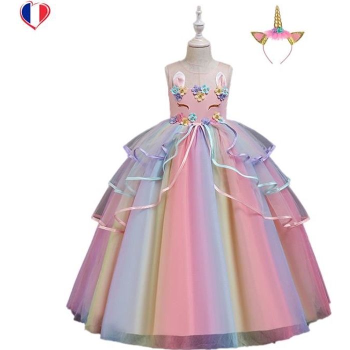 Kathévan Robe Princesse Licorne Arc-en-Ciel Cadeau Noël Nouvel An Anniversaire Déguisement Halloween Costume Carnaval Spectacle Soir