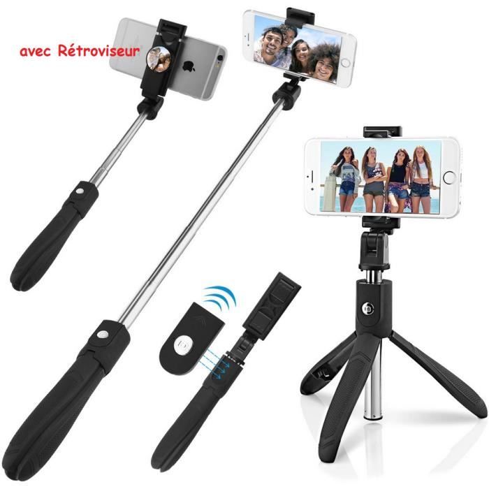2 en 1 Perche Selfie avec Rétroviseur , Trépied télescopique 360°Bluetooth pr iPhone Samsung Huawei 3,5 à 6,0 Pouces