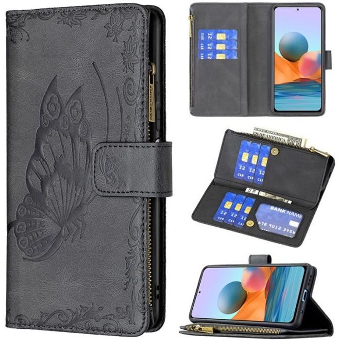 Coque pour Xiaomi Redmi Note 10 Pro /Note 10 Pro Max Luxe PU Cuir Portefeuille Housse avec 9 Porte-Carte Fermeture Papillon -Noir