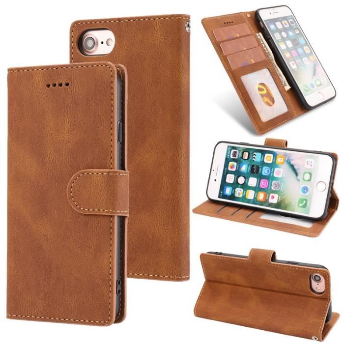 Étui iPhone SE 2020, Portefeuille à Rabat Porte-Cartes en Cuir Housse Protection Simple Ultra-fin Support, Marron