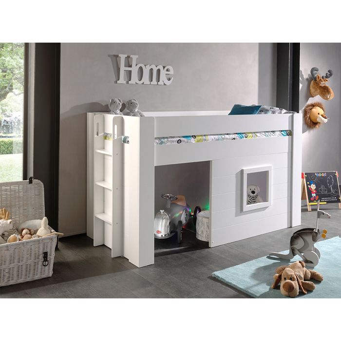 Vipack Lit mezzanine pin massif laqué blanc Noah 90