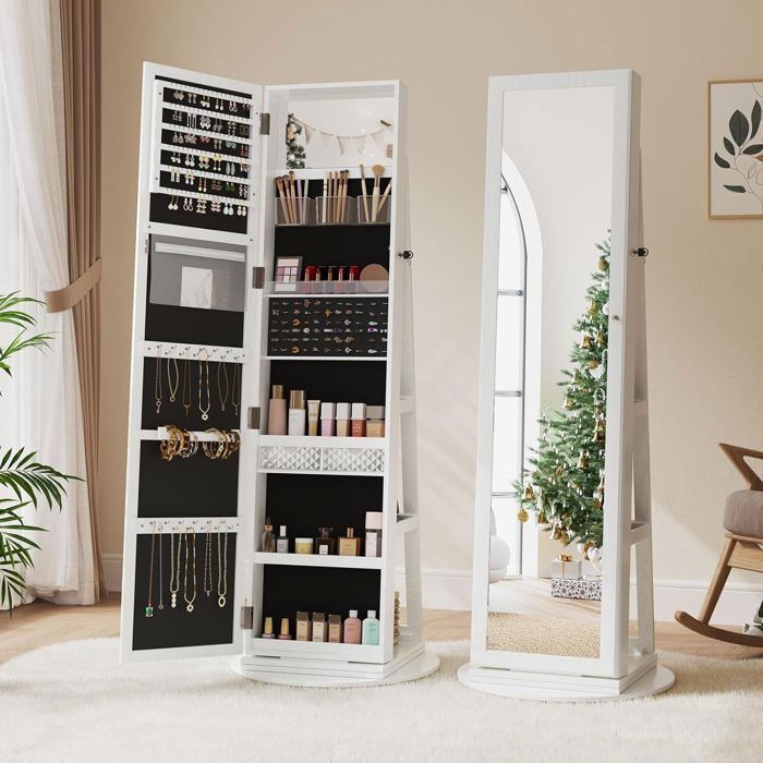 Armoire à bijoux avec miroir sur pieds verrouillable avec 6 led rangement bijoux pivotant à 360