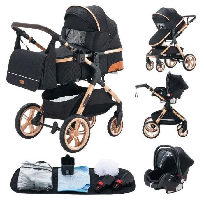 Poussette 3 en 1 Bébé Combinée Siège-Auto Nacelle Trio Réversible Réglable Haute Qualité Roues increvables Canne.NOIR