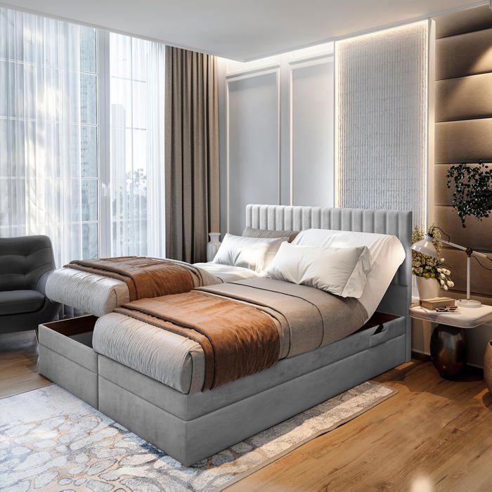 Lit adulte ADÈLE - ensemble matelas+sommier relaxation électrique - 140x200 cm - velours gris clair Lit adulte ADÈLE - ensemble matelas+sommier relaxation électrique - 140x200 cm - velours gris clair