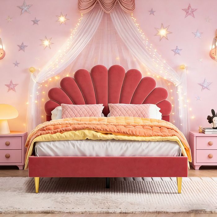 Lit Double Rembourré 140x200 cm lit adulte avec tête de lit en forme de fleur et sommier à lattes Tissu Velours Doux Rouge haricot