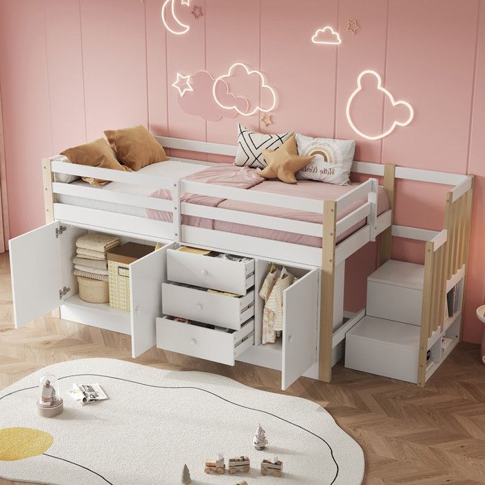 DRIPEX Lit superposé 90*200cm pour enfants avec 2 armoires de rangement Lit multifonctionnel avec tiroirs et escaliers Blanc