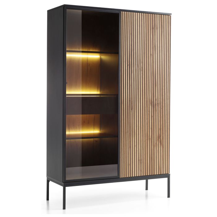 Vitrine Laval WTSZ104 – avec eclairage LED noir / chêne Wotan / lamelle largeur 104 cm hauteur 166 cm profondeur 39 cm Vitrine Laval WTSZ104 – avec eclairage LED noir / chêne Wotan / lamelle largeur 104 cm hauteur 166 cm profondeur 39 cm