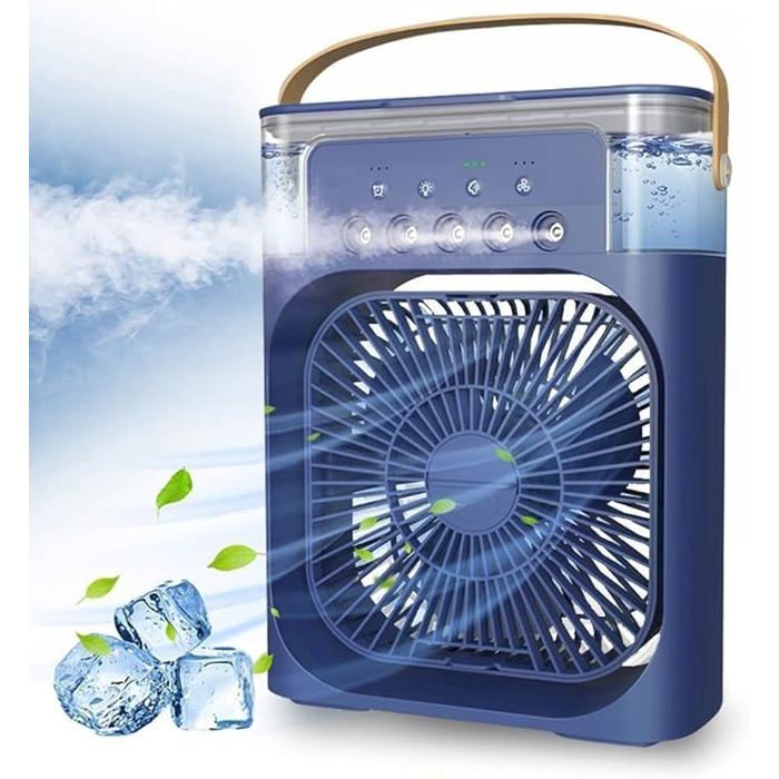 Mini ventilateur de climatisationrechargeable par USBavec pulvérisation deauminuterie darrêt automatiqueLED 7 couleursbleu - 1 Like No Other