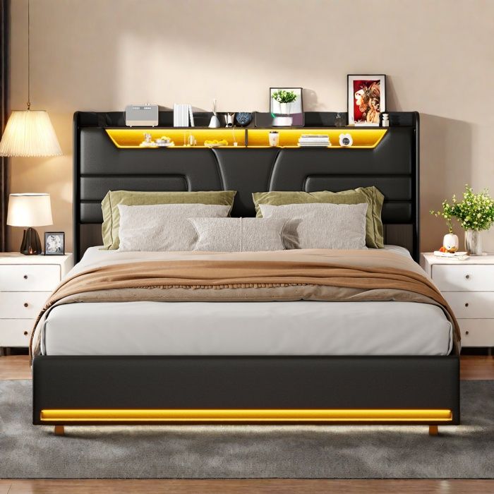 Lit coffre double 160x200 - Mécanisme silencieux - LED RGB 20 couleurs - Tête de lit cuir PU noir - Ports USB