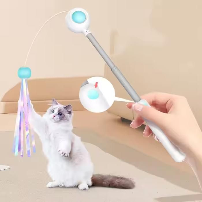 Avec la lumière Bâton de jeu pour chat baguette rétractable jouet en plumes jouet interactif pour chats dintérieur - Bleu