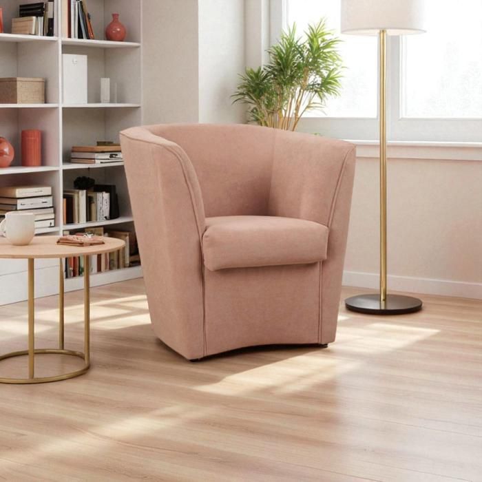 Fauteuil rose poudré en tissu anti-taches au design moderne et rembourré