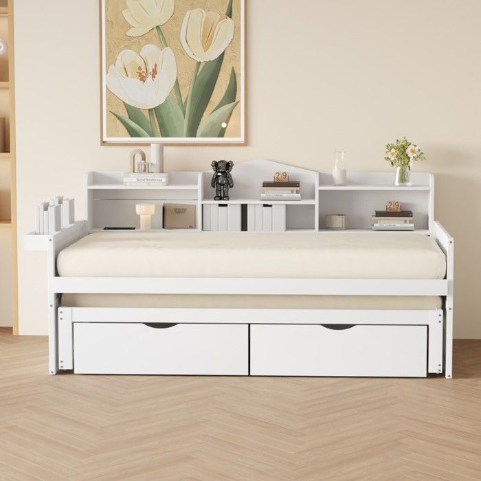 Lit Simple -lit 90x200 & lit gigogne 90x190 blanc bois tiroirs rangement panier USB- sans Matelas Lit Simple -lit 90x200 & lit gigogne 90x190 blanc bois tiroirs rangement panier USB- sans Matelas