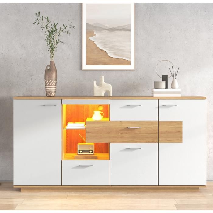Buffet moderne avec beaucoup despace de rangement éclairage LED 160x40x77cm 2 portes+4 tiroirs étagère en verre aspect bois blanc