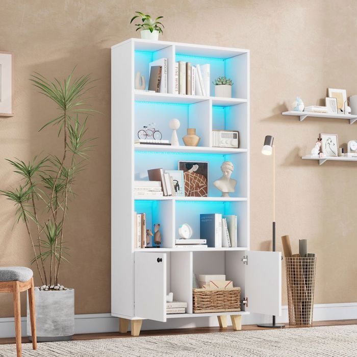 Meuble de salle de bain Bibliothèque 80x30x173cm LED RGB double porte Blanc Meuble de salle de bain Bibliothèque 80x30x173cm LED RGB double porte Blanc