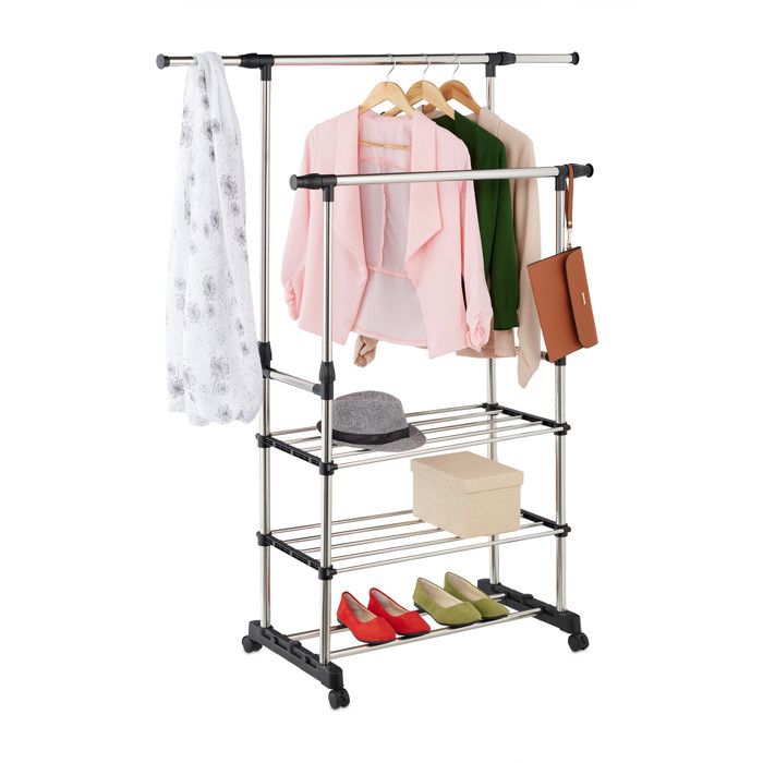 Porte-manteau Relaxdays mobile et réglable double tringle + étagères 86–147 cm H 84–141 cm L argent/noir