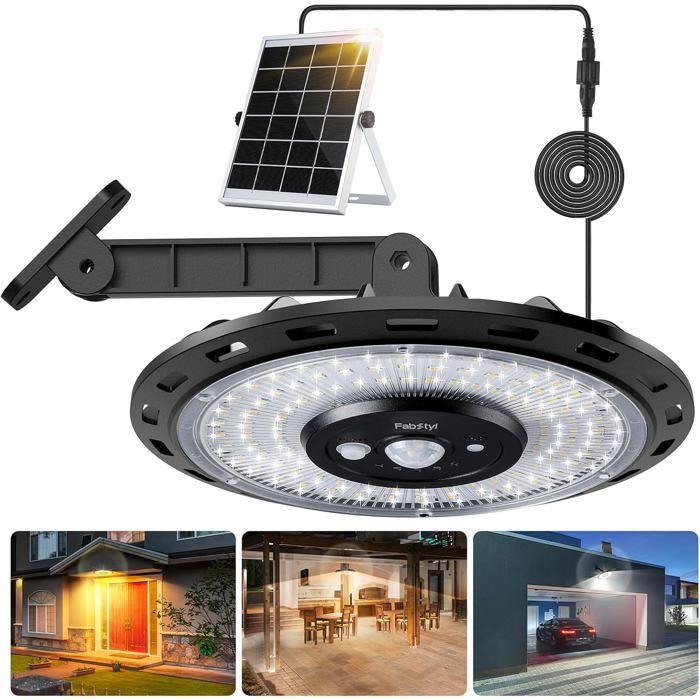 Lampe Solaire dextérieur 3000 LM Conception Rotative Étanche 5 Modes Détecteur de mouvement pour Terrasse Poulailler Garage