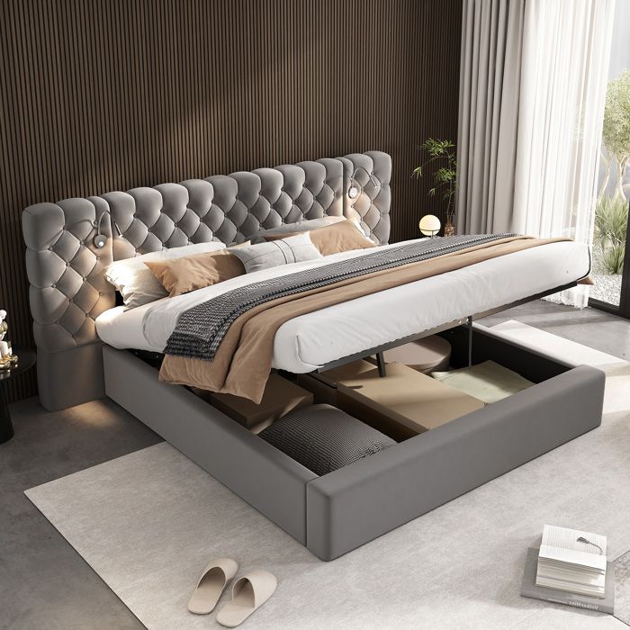 Lit double rembourré 180 x 200 cm avec LED et rangement Lit coffre avec Tête de lit rembourrée avec Lampe de lecture Velours Gris