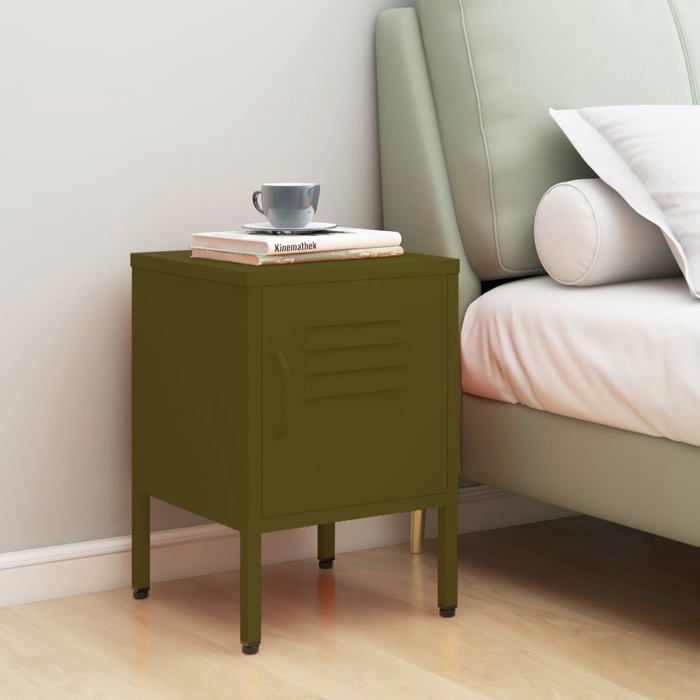 Table de chevet en acier - VIDAXL - Vert olive - 35x35x51 cm - 1 étagère réglable - Serrure intégrée