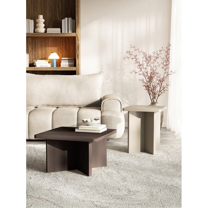 Table basse – QUBEO – 60 cm – carrée – frêne brun effet bois – piètement en croix