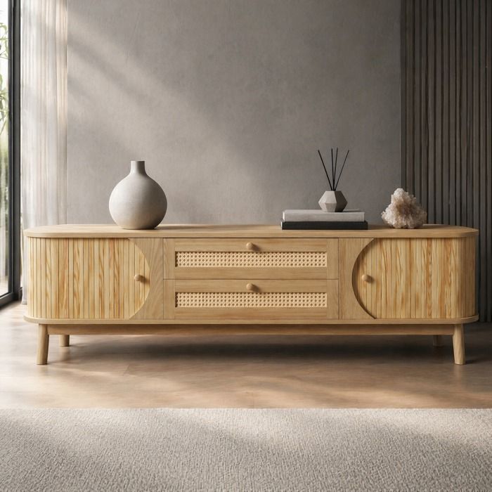 Maisentiel Meuble TV 170 x 39 5 x 46 cm en bois et rotin 2 portes 2 tiroirs naturel