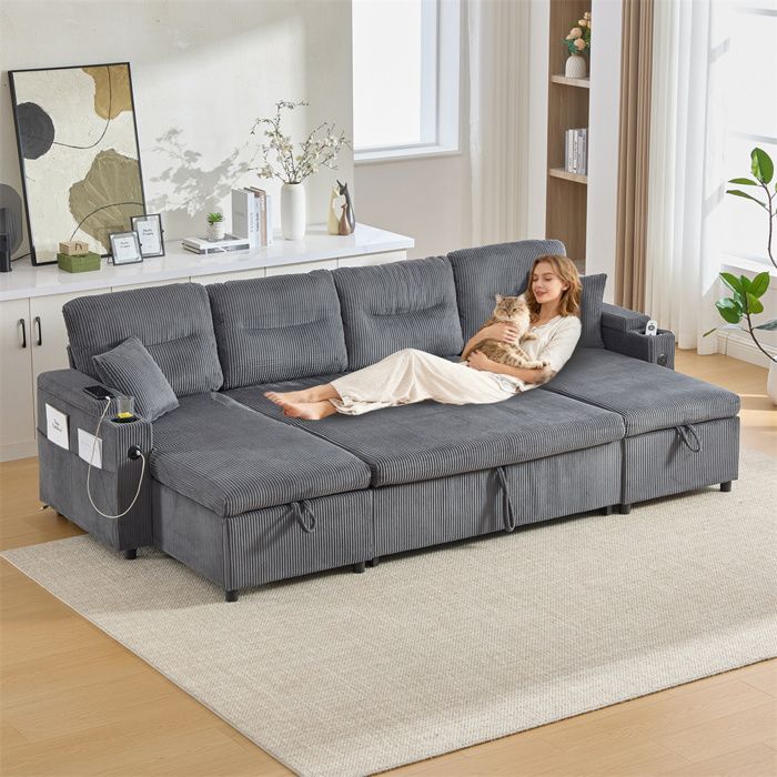 DRIPEX Canapé lit moderne 4 places en velours côtelé avec 2 méridiennes espace de rangement porte-gobelets USB Gris 272×136×82cm