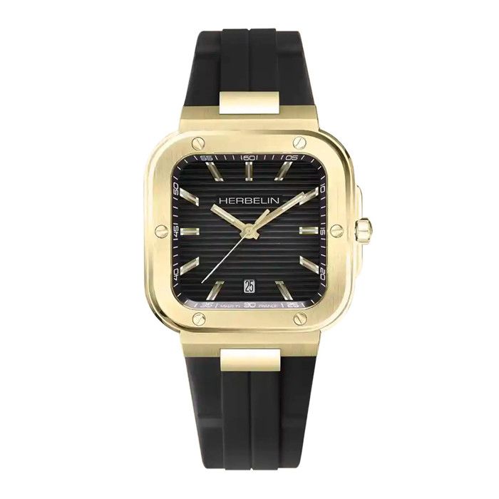 Herbelin Cap Camarat Square – Montre homme 39 mm acier 316L PVD or cadran noir bracelet caoutchouc
