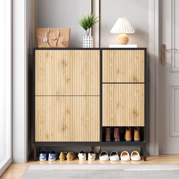 Meuble à Chaussures Abattant - Noir et Bois - avec Banc Escamotable – Meuble Entrée Gain de Place avec 3 Portes