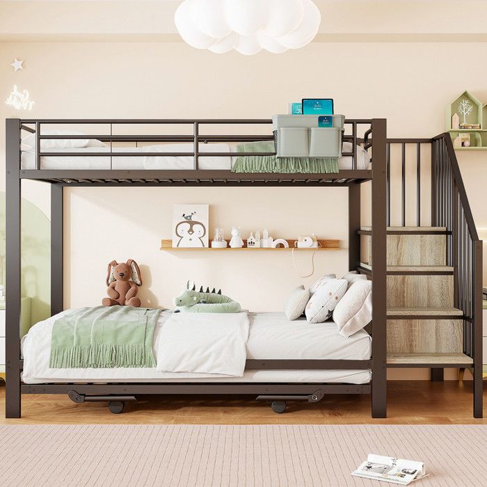 Lit superposé 90-180x200cm Cadre en fer design lit gigogne multifonctionnel structures Descalier avec rangement sans matelas noir
