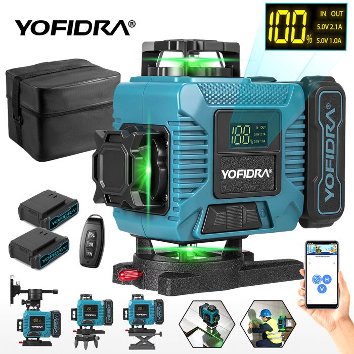 Niveau laser - YOFIDRA - 4D 16 lignes - 4x360° autonivelant - Laser vert 25 m - 2x4800mAh